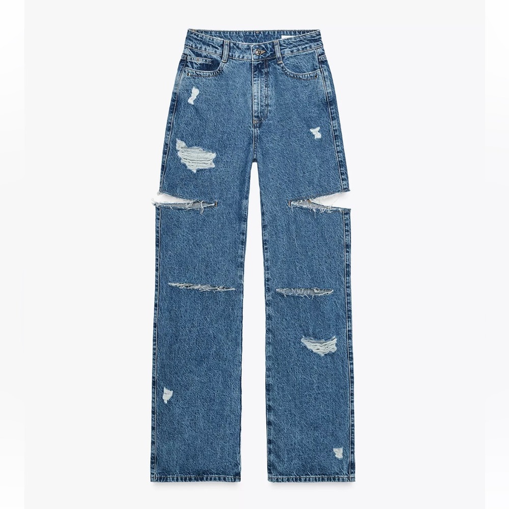 ZARA Z1975 Mid-Rise Straight Cut Outs Ripped Jeans